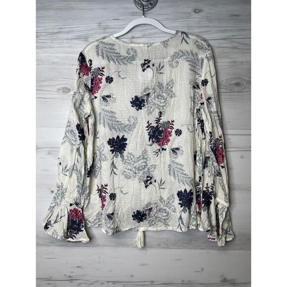 En Creme Blouse Womens Large Ivory Floral Boho Bell Sleeve 100% Rayon Top India - Picture 9 of 9